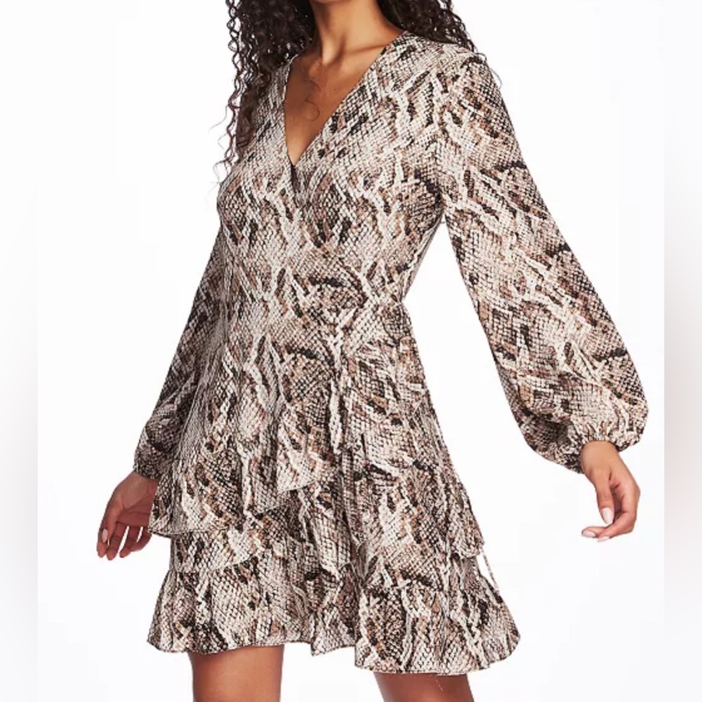 NWT 1.STATE Long Sleeve Ruffled Snake-Print Wrap Dress
